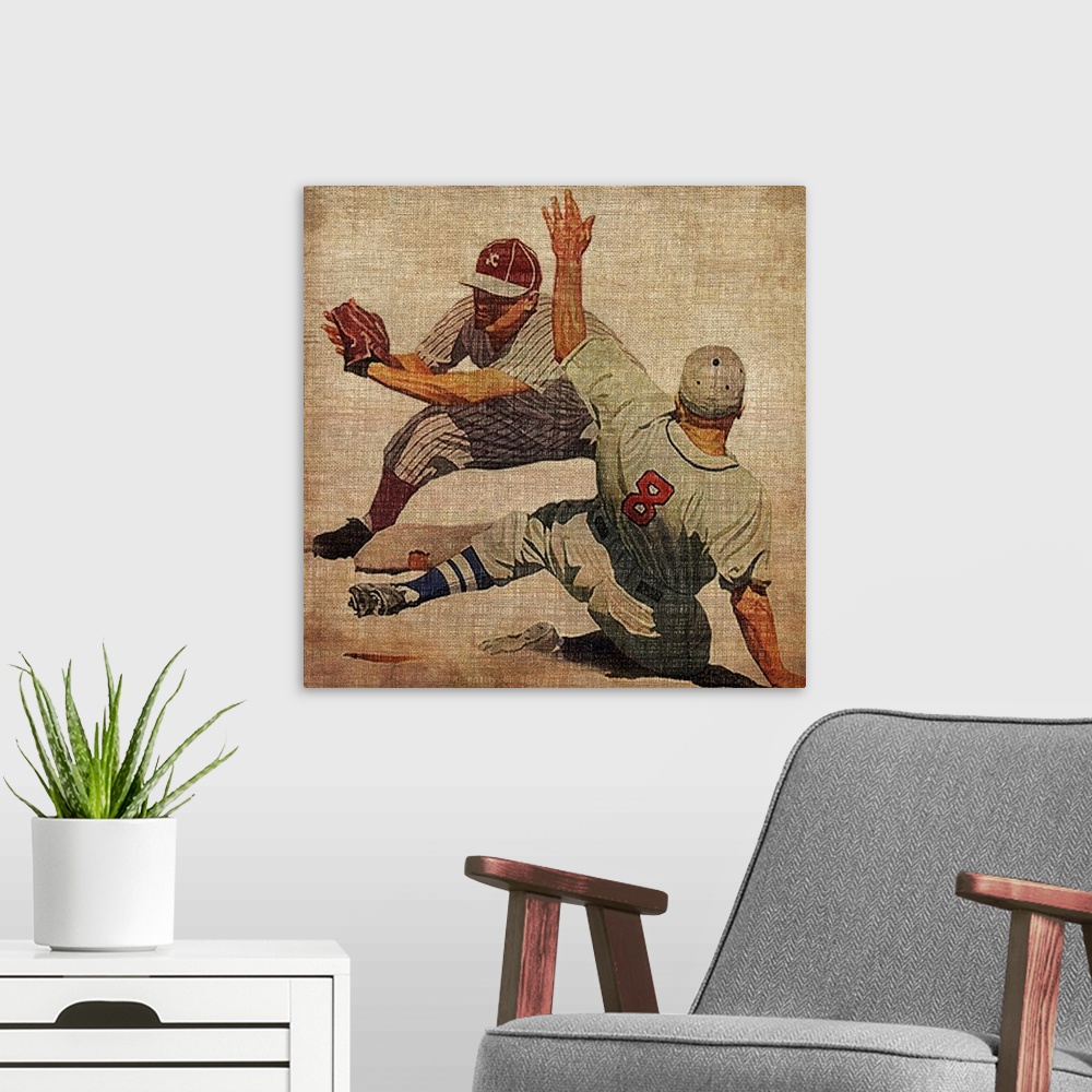 A modern room featuring Big antique sports art includes a baseball player preparing to tag out a sliding opposing player ...