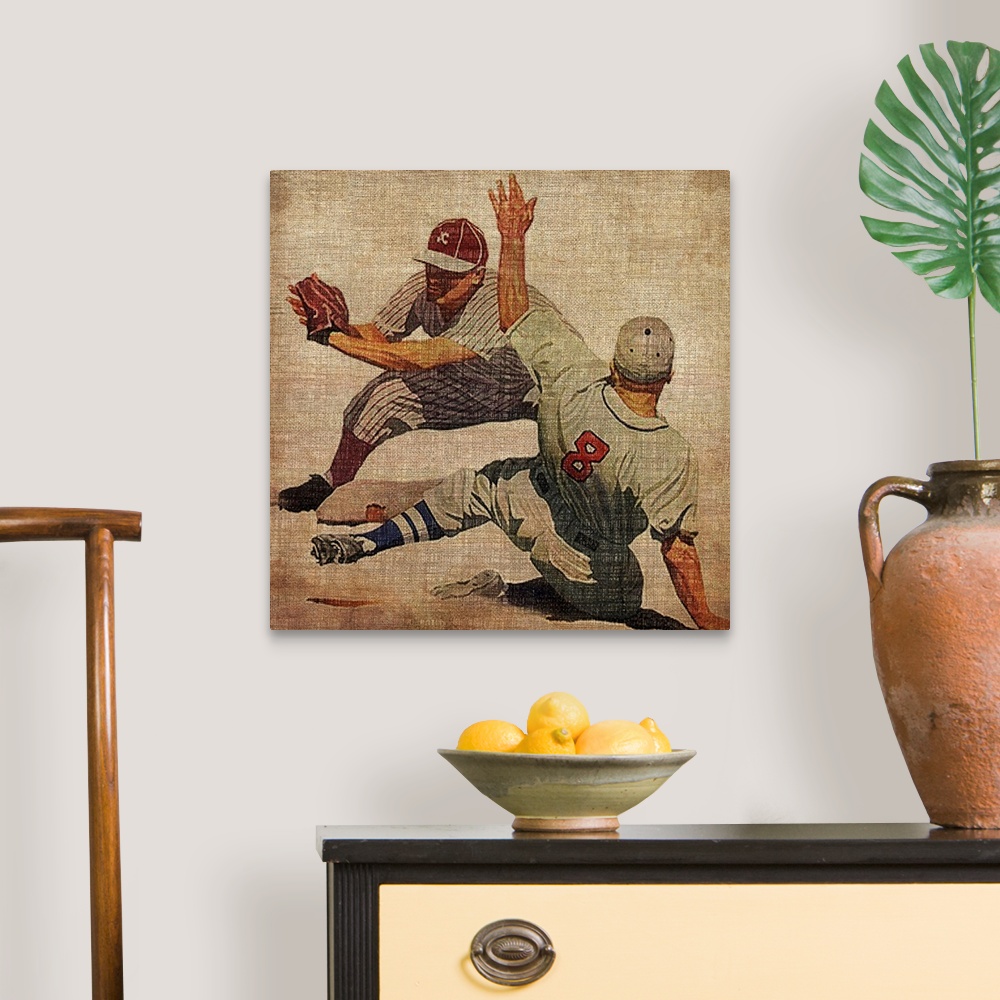 A traditional room featuring Big antique sports art includes a baseball player preparing to tag out a sliding opposing player ...