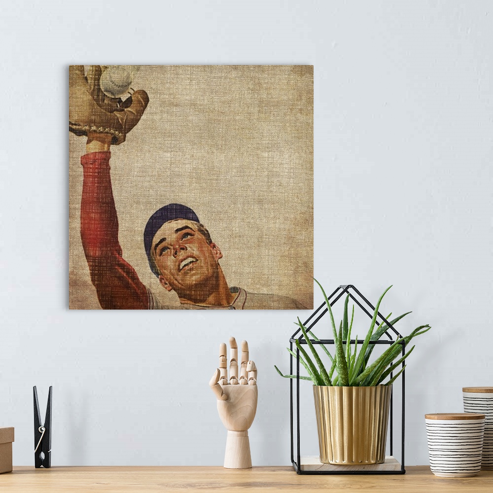 A bohemian room featuring Square, giant vintage wall hanging of a male baseball player from the shoulders up as he reaches ...