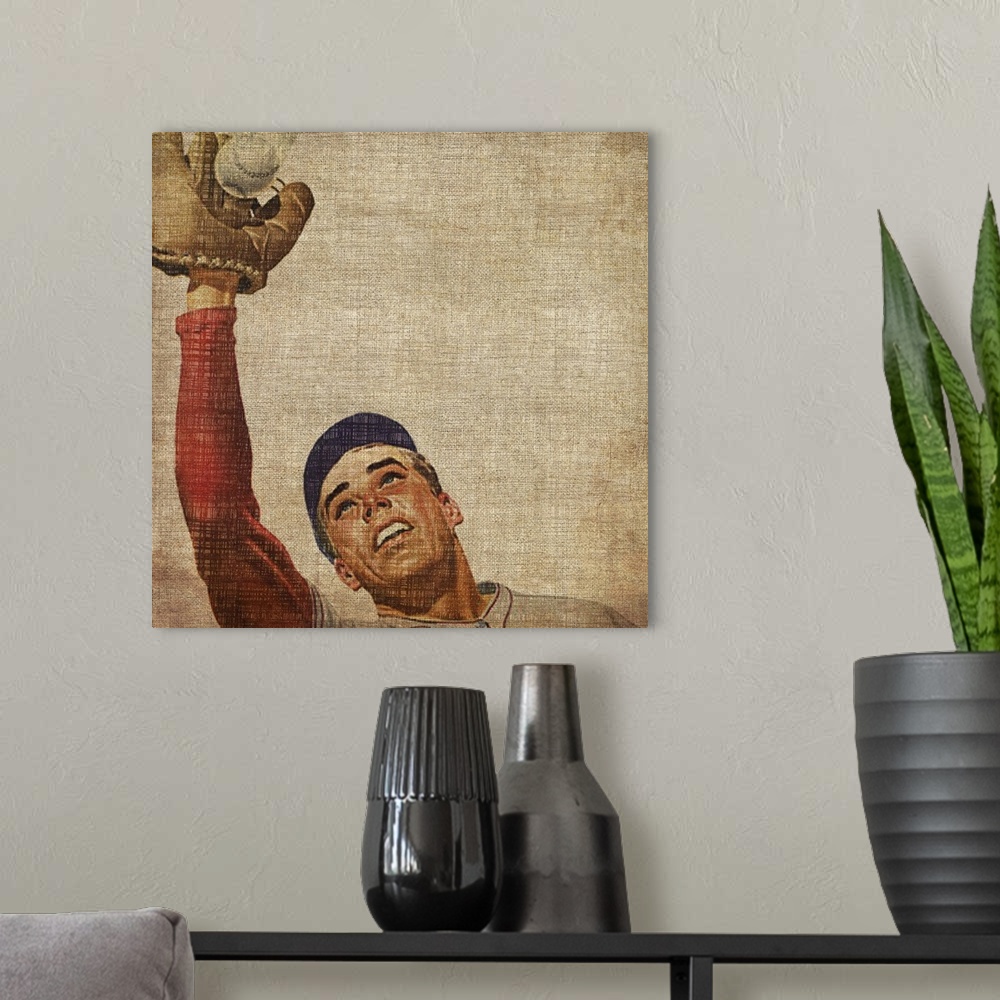 A modern room featuring Square, giant vintage wall hanging of a male baseball player from the shoulders up as he reaches ...
