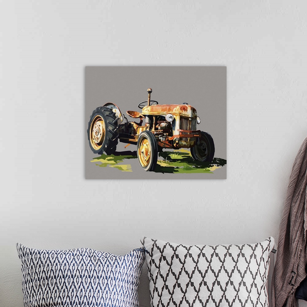 A bohemian room featuring Artwork of classic farm equipment on a neutral grey background.