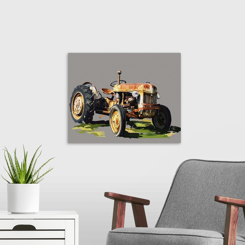 A modern room featuring Artwork of classic farm equipment on a neutral grey background.
