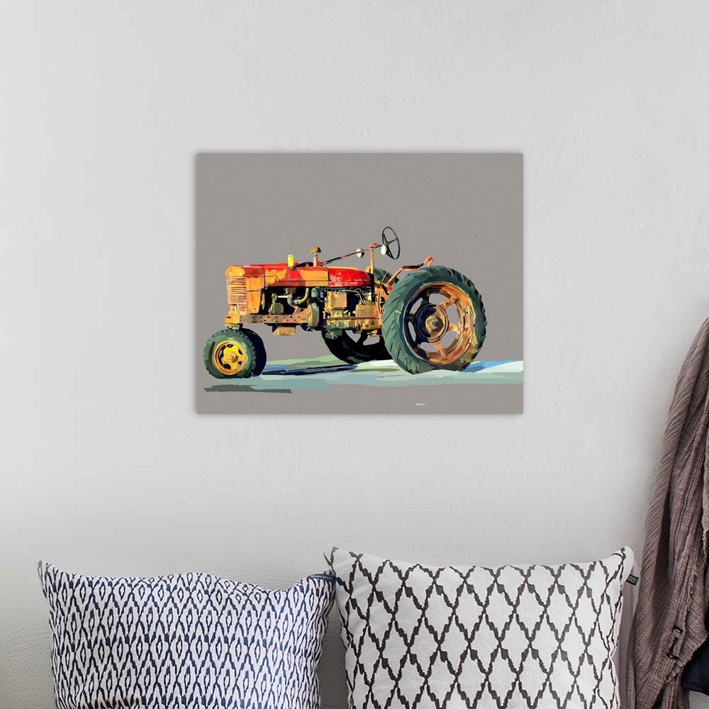A bohemian room featuring Artwork of classic farm equipment on a neutral grey background.