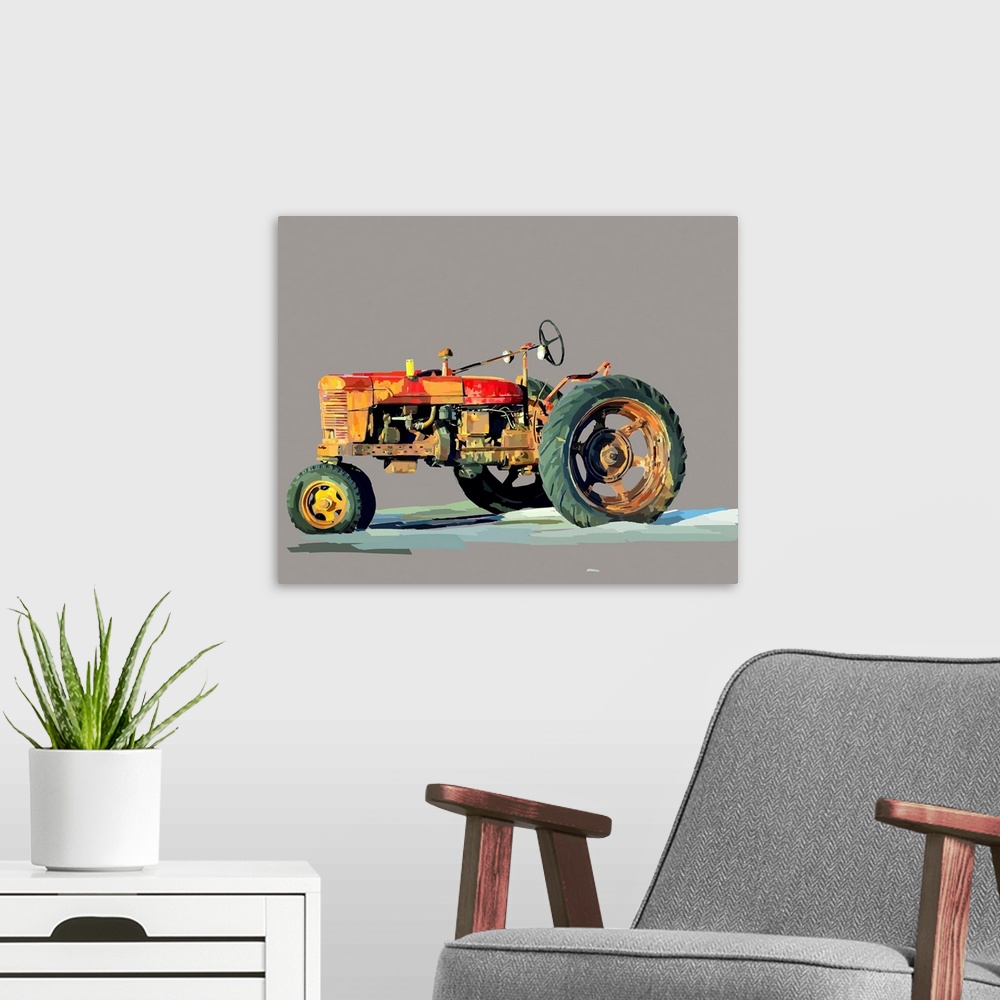 A modern room featuring Artwork of classic farm equipment on a neutral grey background.