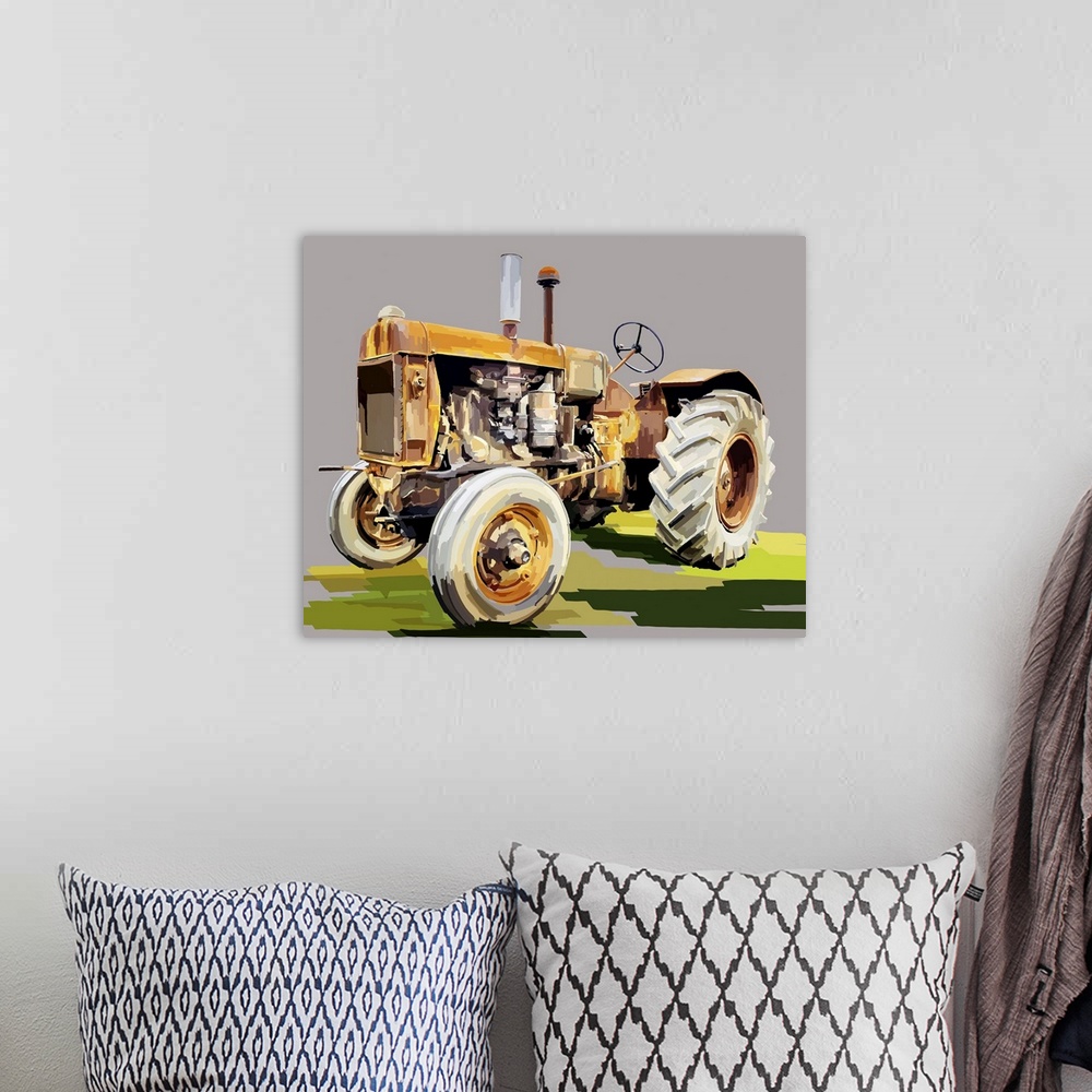 A bohemian room featuring Illustration of an old orange tractor.