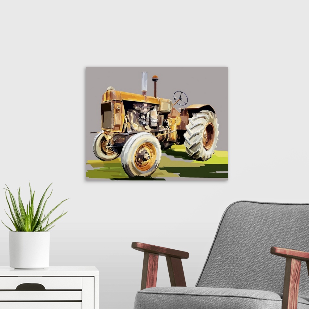 A modern room featuring Illustration of an old orange tractor.