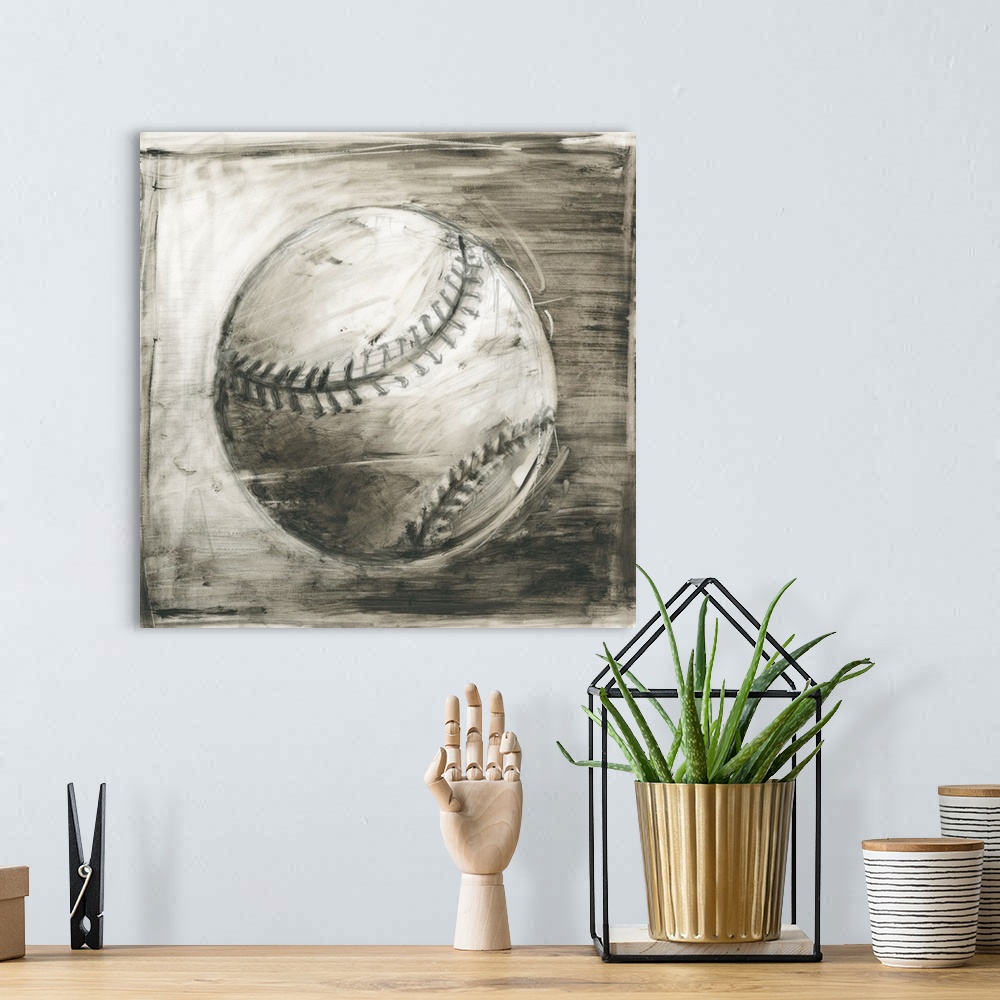 A bohemian room featuring Sepia toned sketch of a baseball.