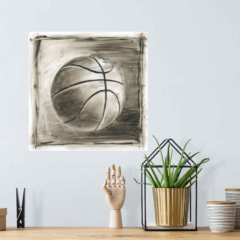A bohemian room featuring Sepia toned sketch of a basketball.