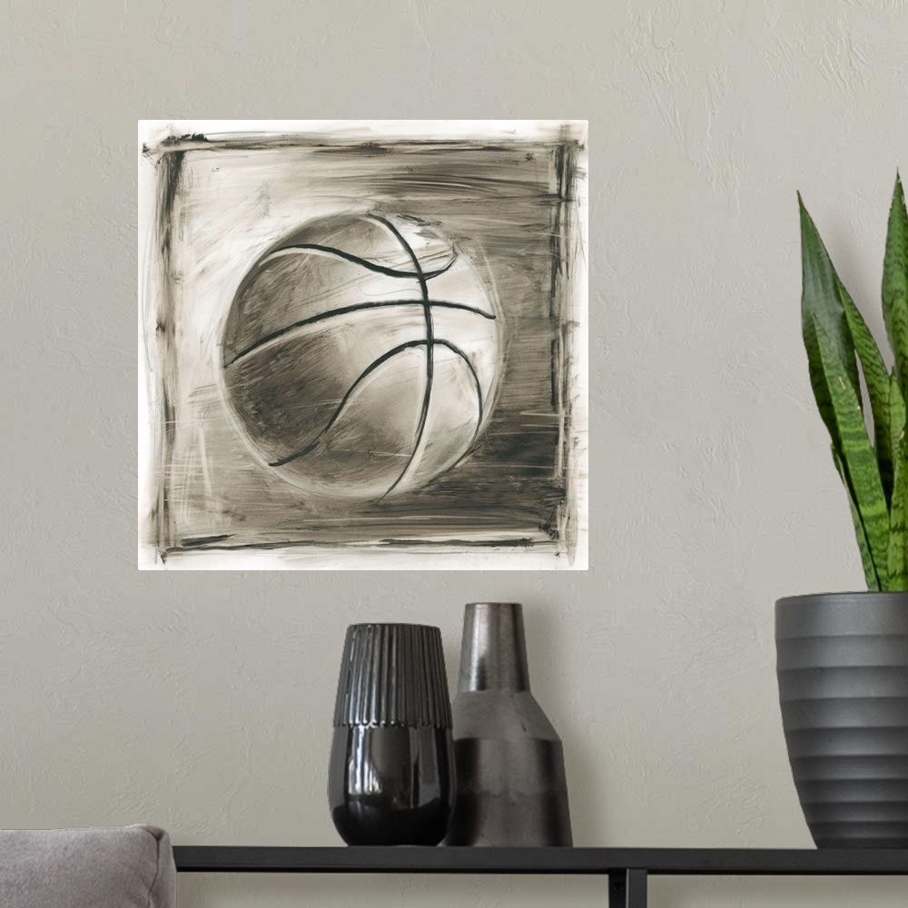 A modern room featuring Sepia toned sketch of a basketball.