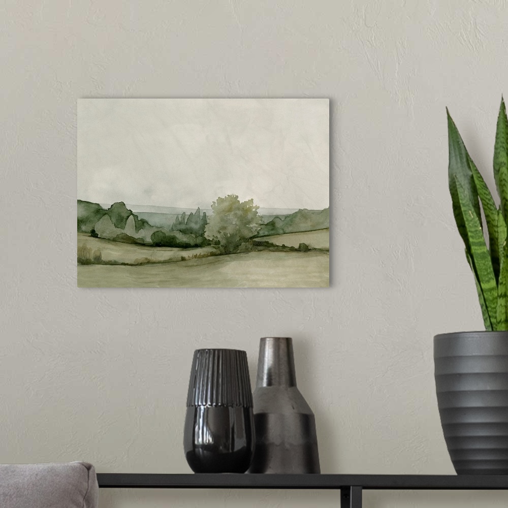 A modern room featuring A transitional pastoral scene of trees and hedges under a cloudy sky, in an abstract watercolor s...