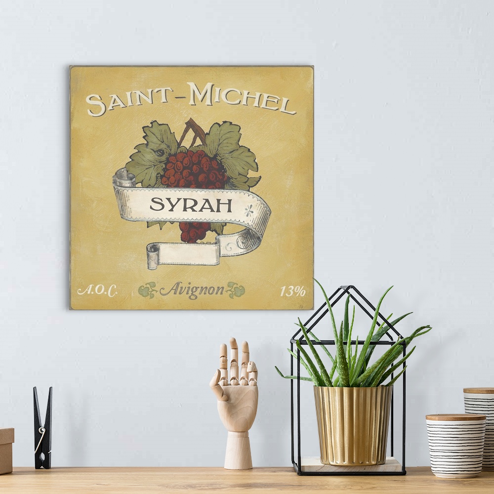A bohemian room featuring Contemporary artwork of a vintage stylized wine bottle label.