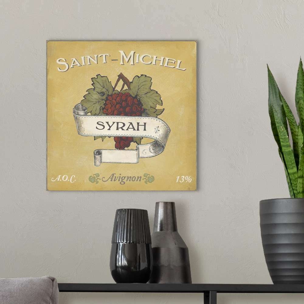 A modern room featuring Contemporary artwork of a vintage stylized wine bottle label.