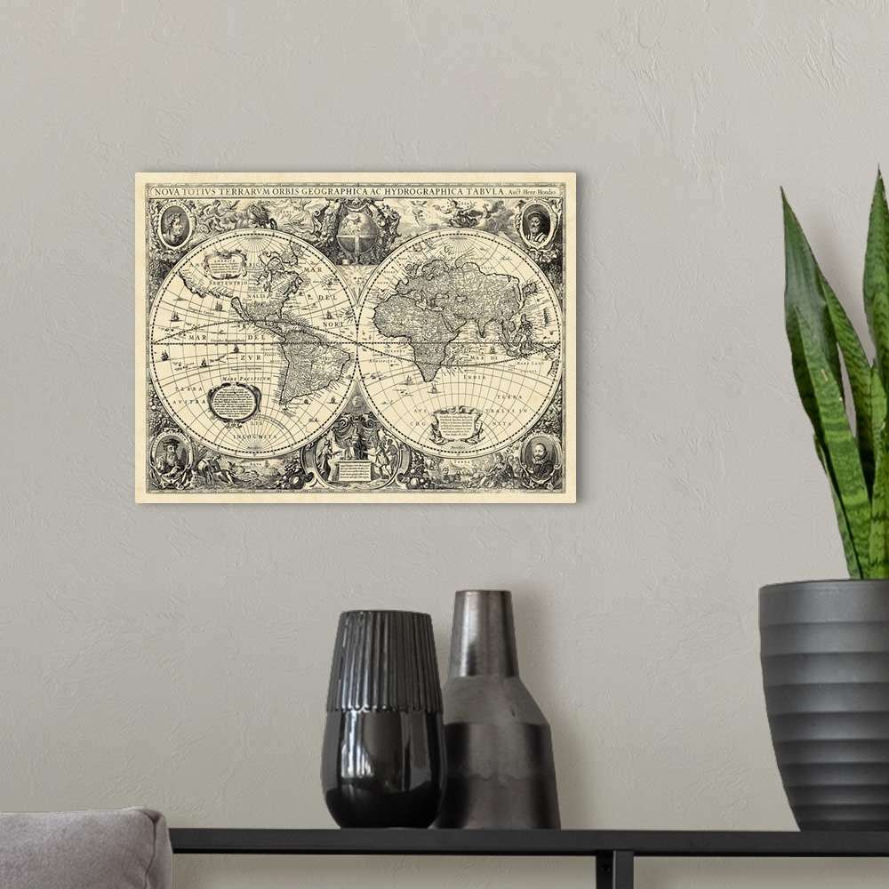 A modern room featuring Vintage World Map