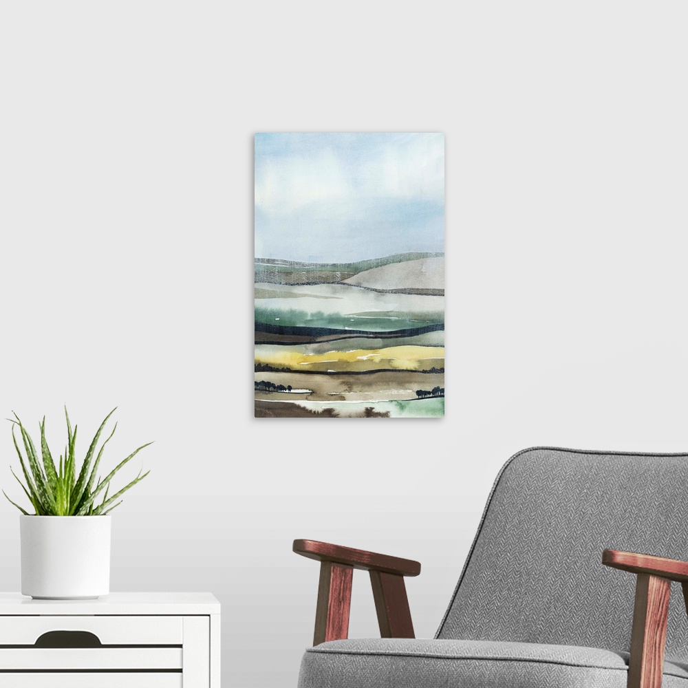 A modern room featuring Contemporary watercolor painting of a landscape made up of multi-colored layers.