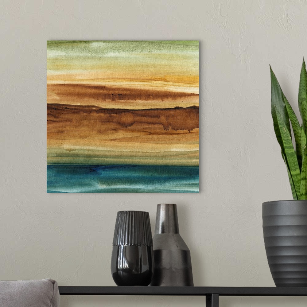 A modern room featuring Contemporary abstract painting using earthy tones.