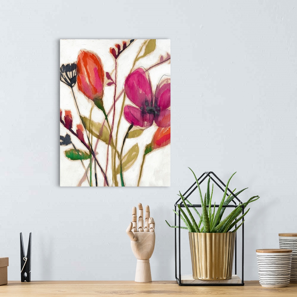 A bohemian room featuring Contemporary painting of vibrant red flowers on a white background.