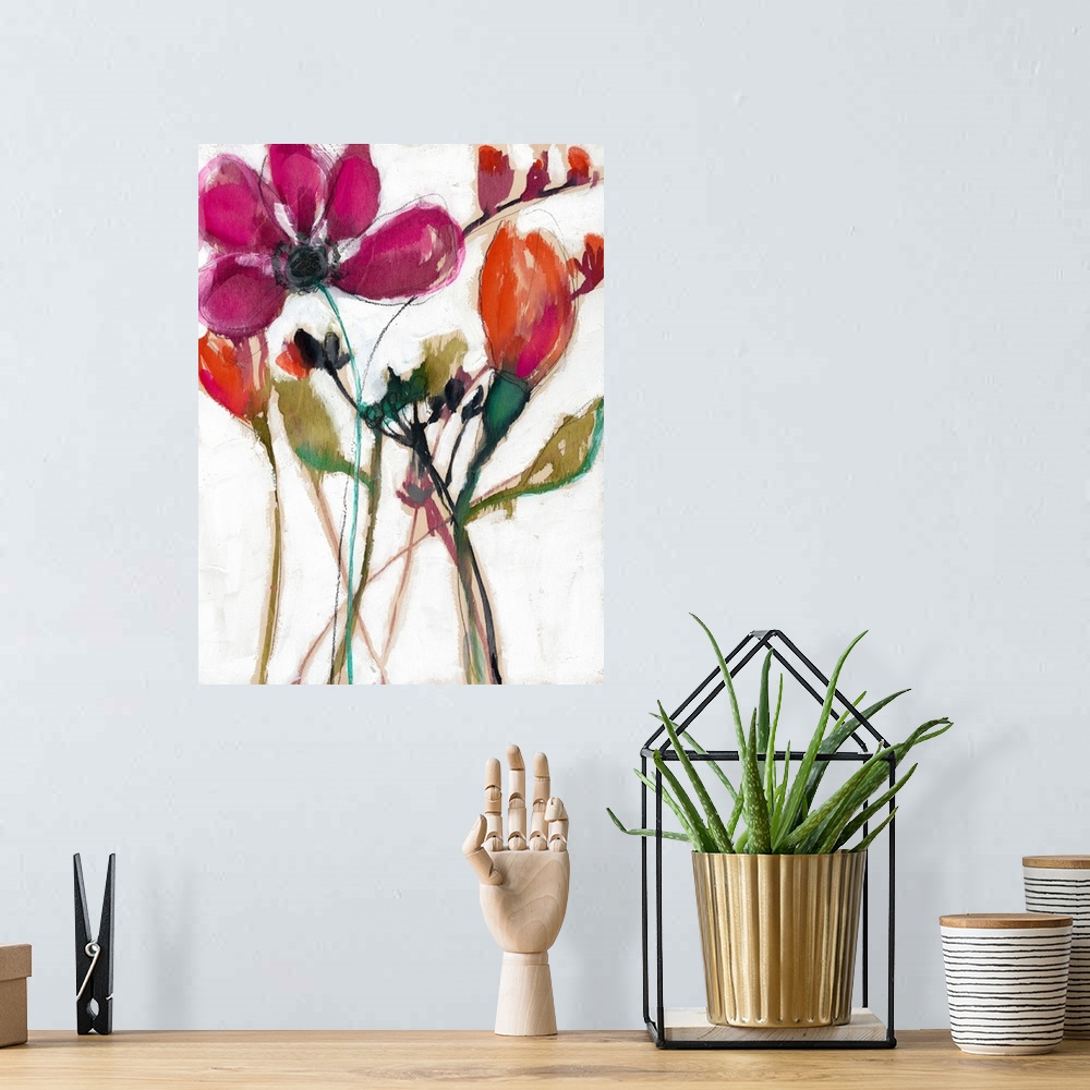 A bohemian room featuring Contemporary painting of vibrant red flowers on a white background.