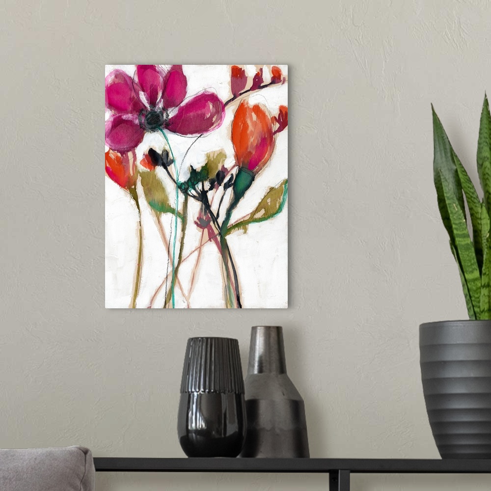 A modern room featuring Contemporary painting of vibrant red flowers on a white background.
