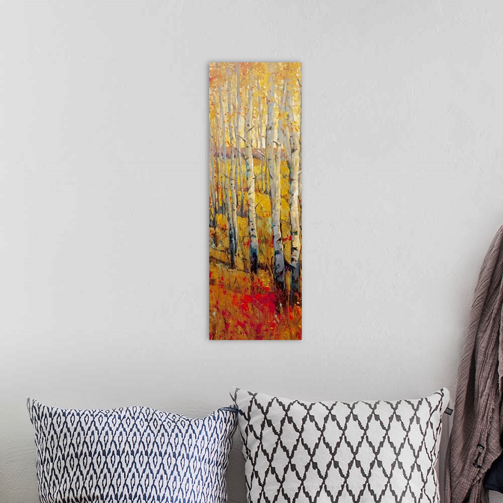 A bohemian room featuring This vertical painting of white barked trees in a narrow landscape of autumn colored grass.
