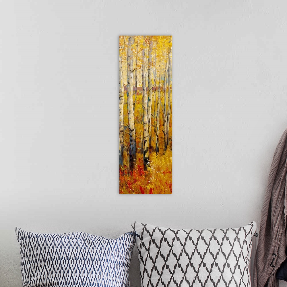 A bohemian room featuring Oversized, vertical contemporary painting of a dense forest of birch trees in the fall, with gold...