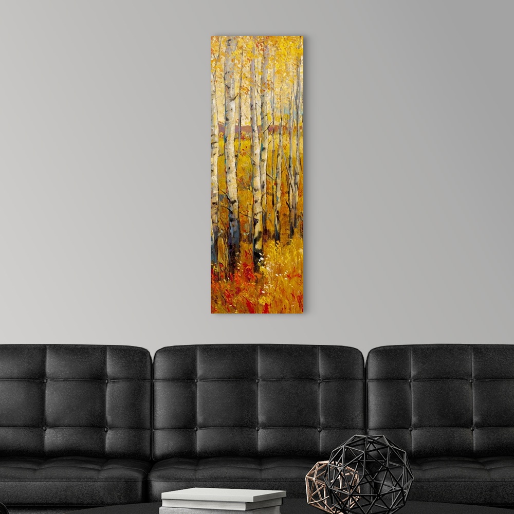 A modern room featuring Oversized, vertical contemporary painting of a dense forest of birch trees in the fall, with gold...