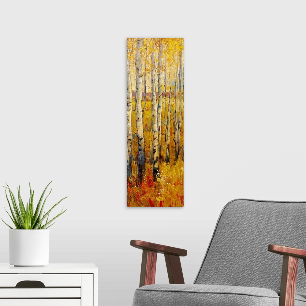 A modern room featuring Oversized, vertical contemporary painting of a dense forest of birch trees in the fall, with gold...