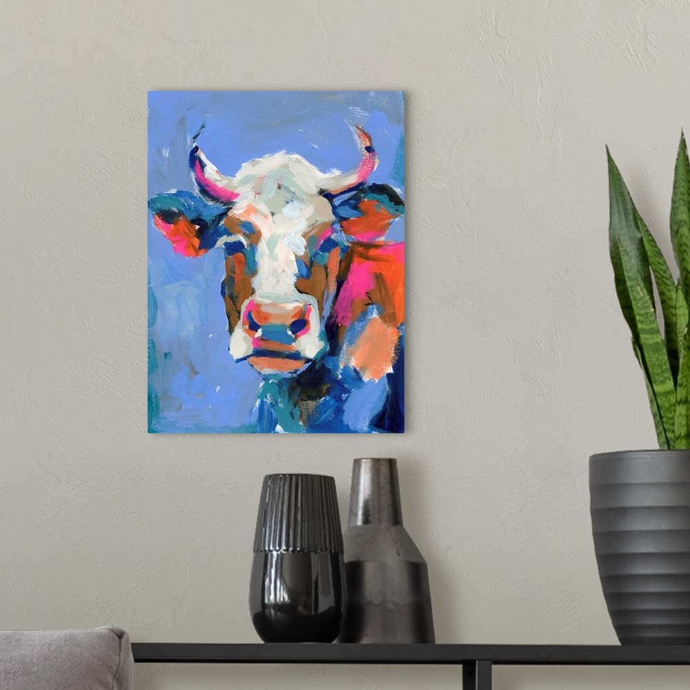 A modern room featuring Vivid Cow Portrait I