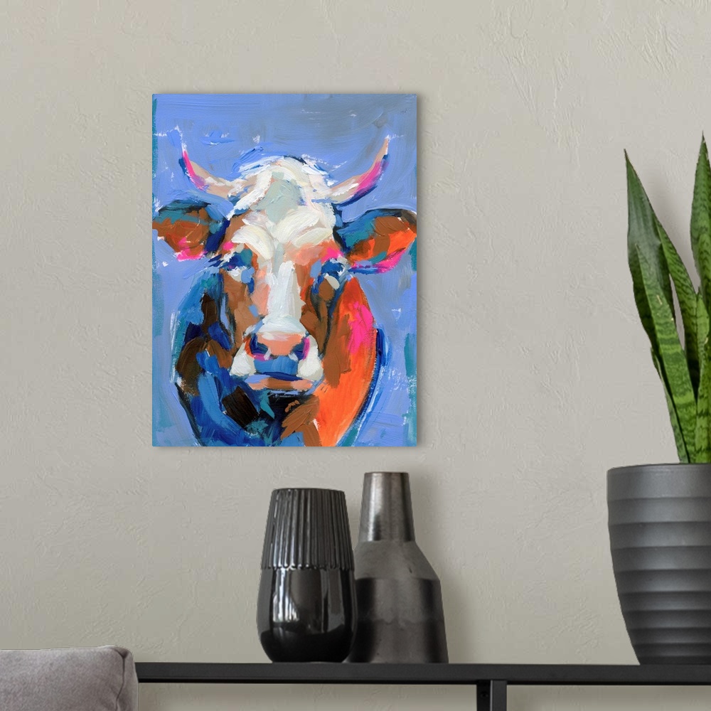 A modern room featuring Vivid Cow Portrait II