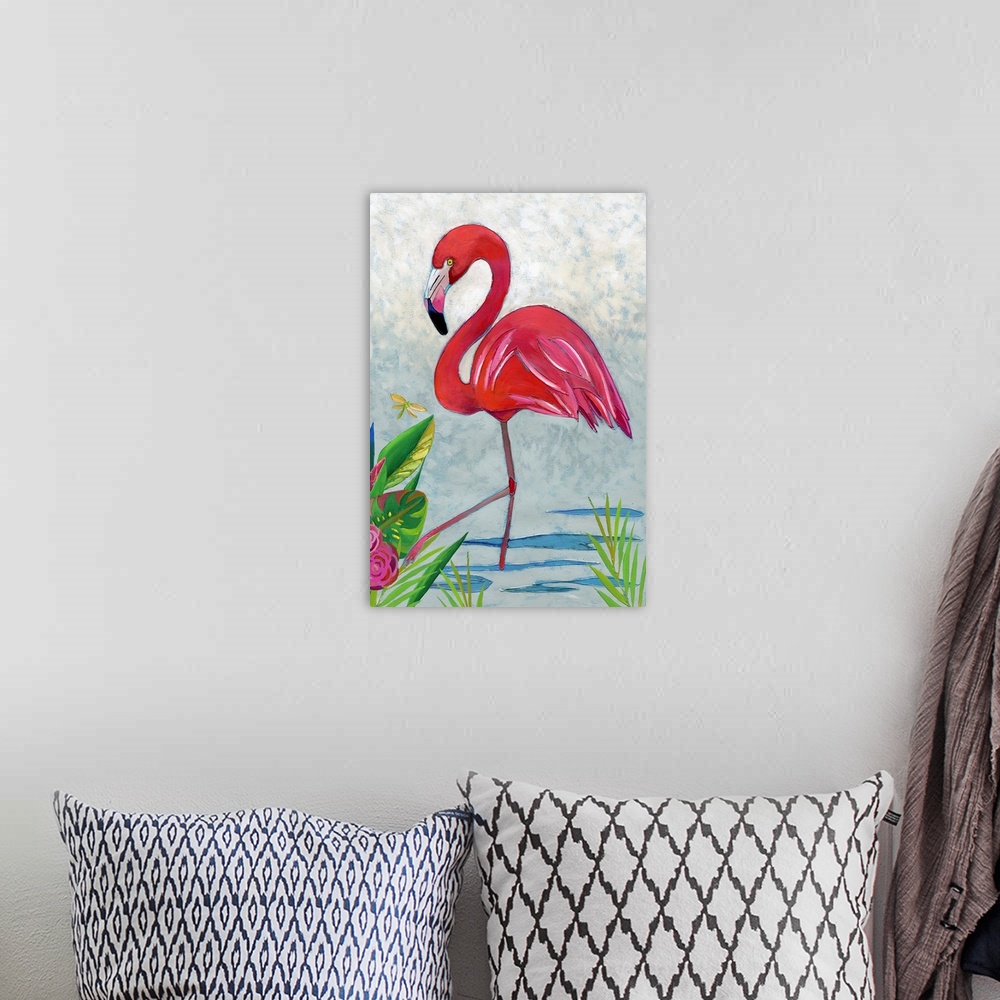 A bohemian room featuring Vibrant painting of a flamingo in a tropical setting with gorgeous plants and flowers.