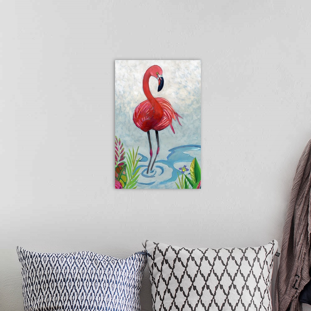 A bohemian room featuring Vibrant painting of a flamingo in a tropical setting with gorgeous plants and flowers.