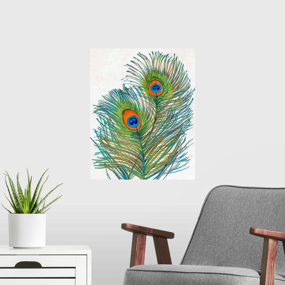 A modern room featuring Vivid Peacock Feathers I