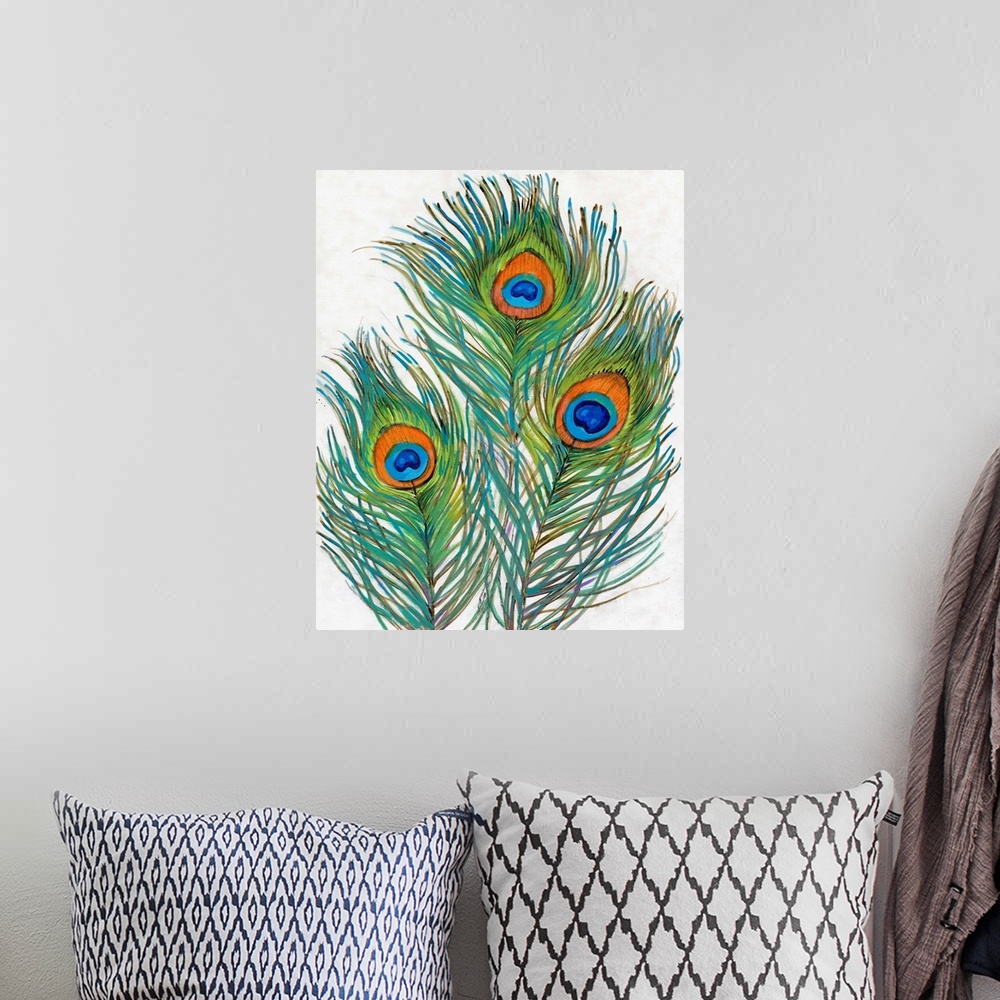 A bohemian room featuring Vivid Peacock Feathers II