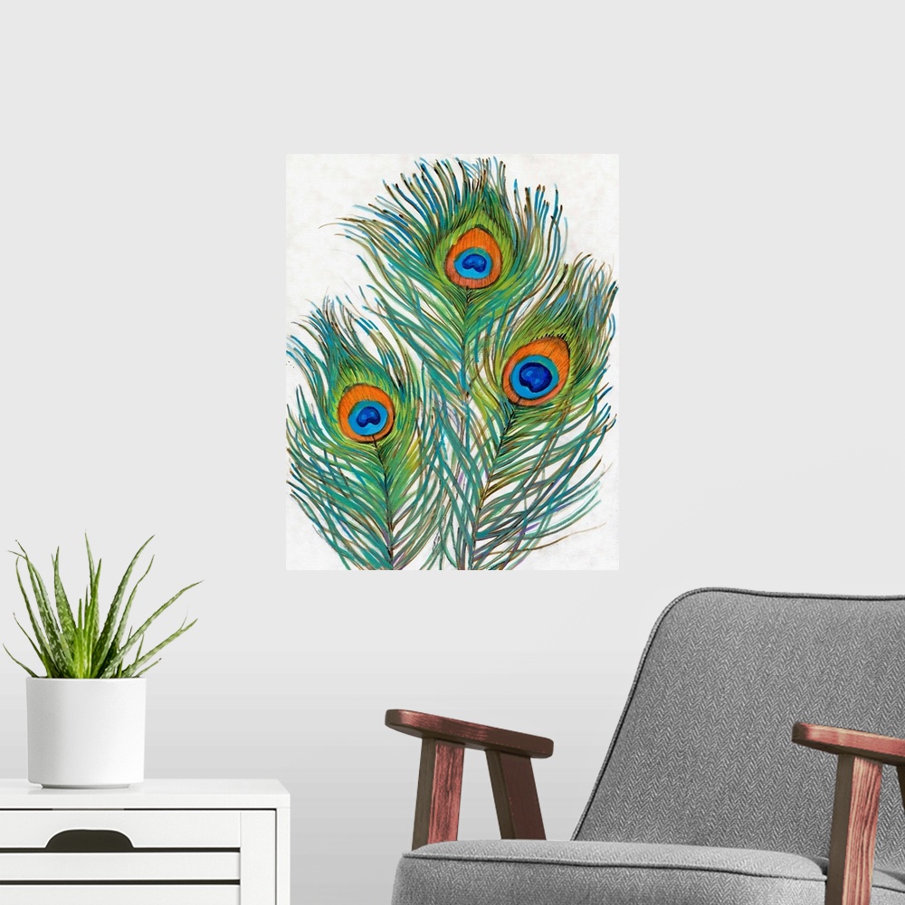 A modern room featuring Vivid Peacock Feathers II