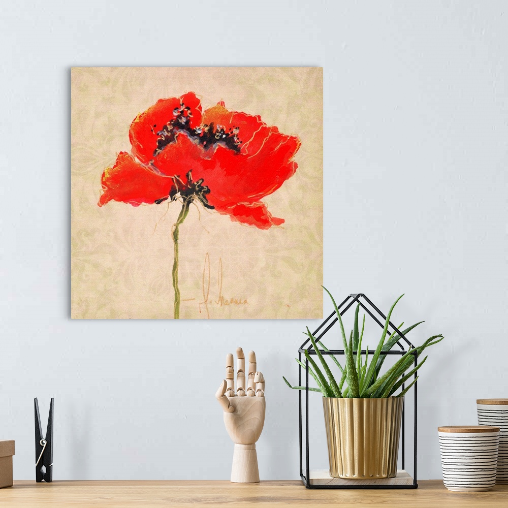 A bohemian room featuring Contemporary painting of a bright red poppy against a beige background.