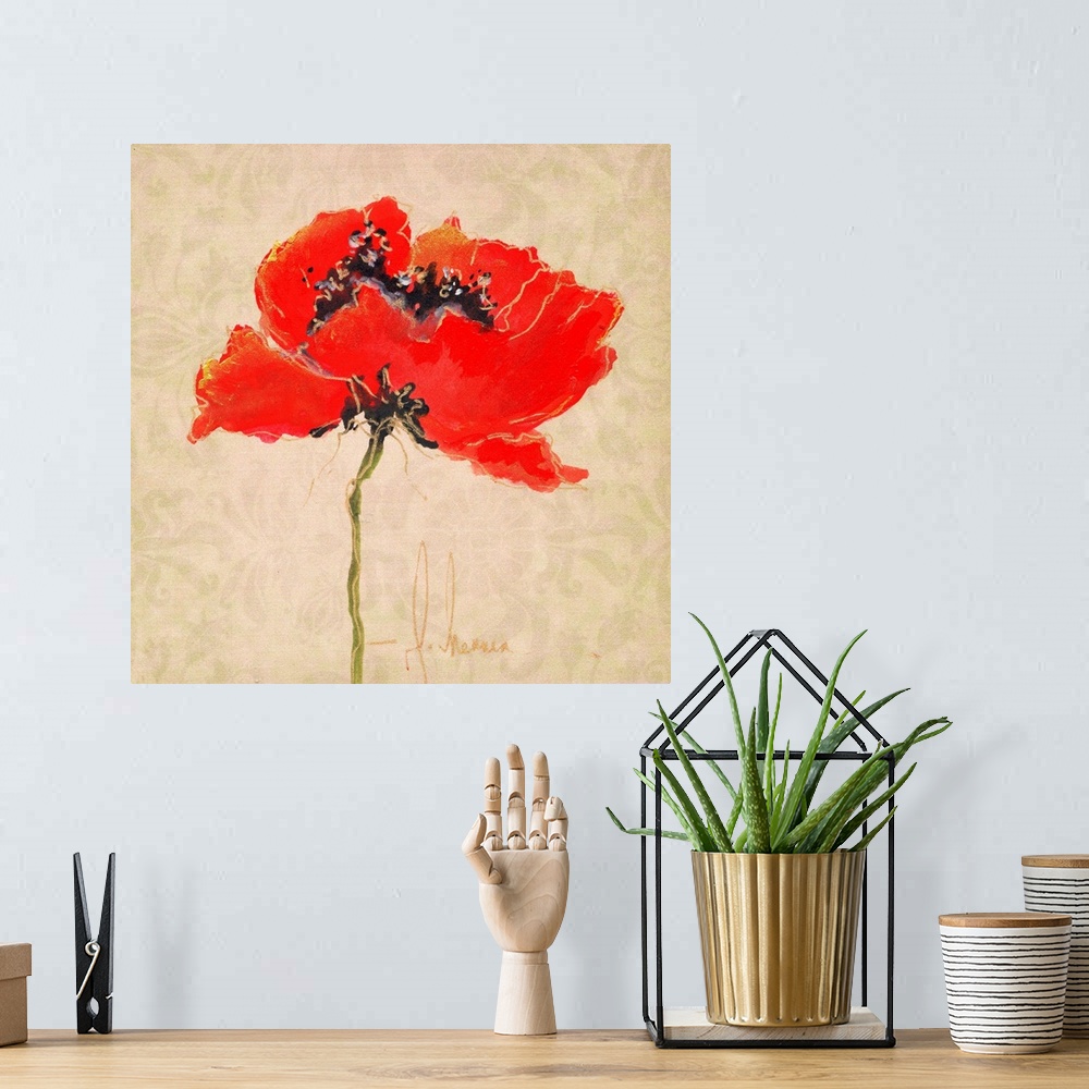 A bohemian room featuring Contemporary painting of a bright red poppy against a beige background.