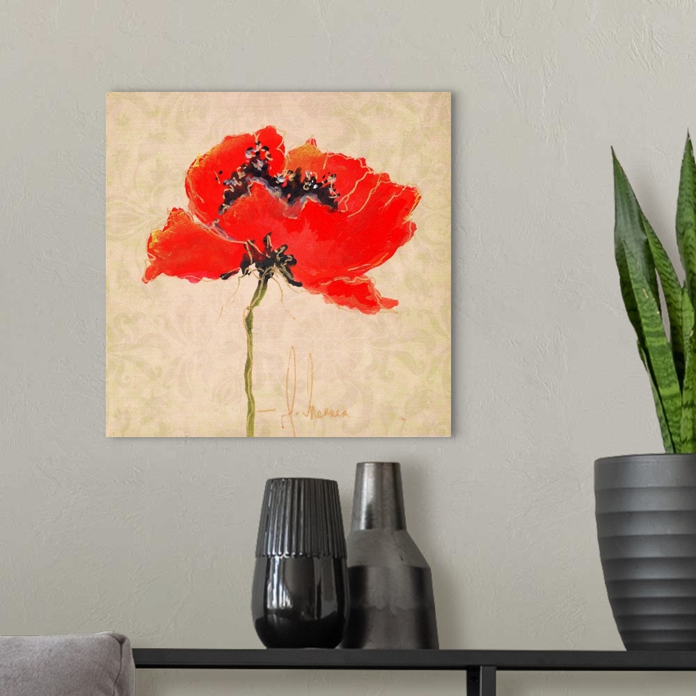 A modern room featuring Contemporary painting of a bright red poppy against a beige background.