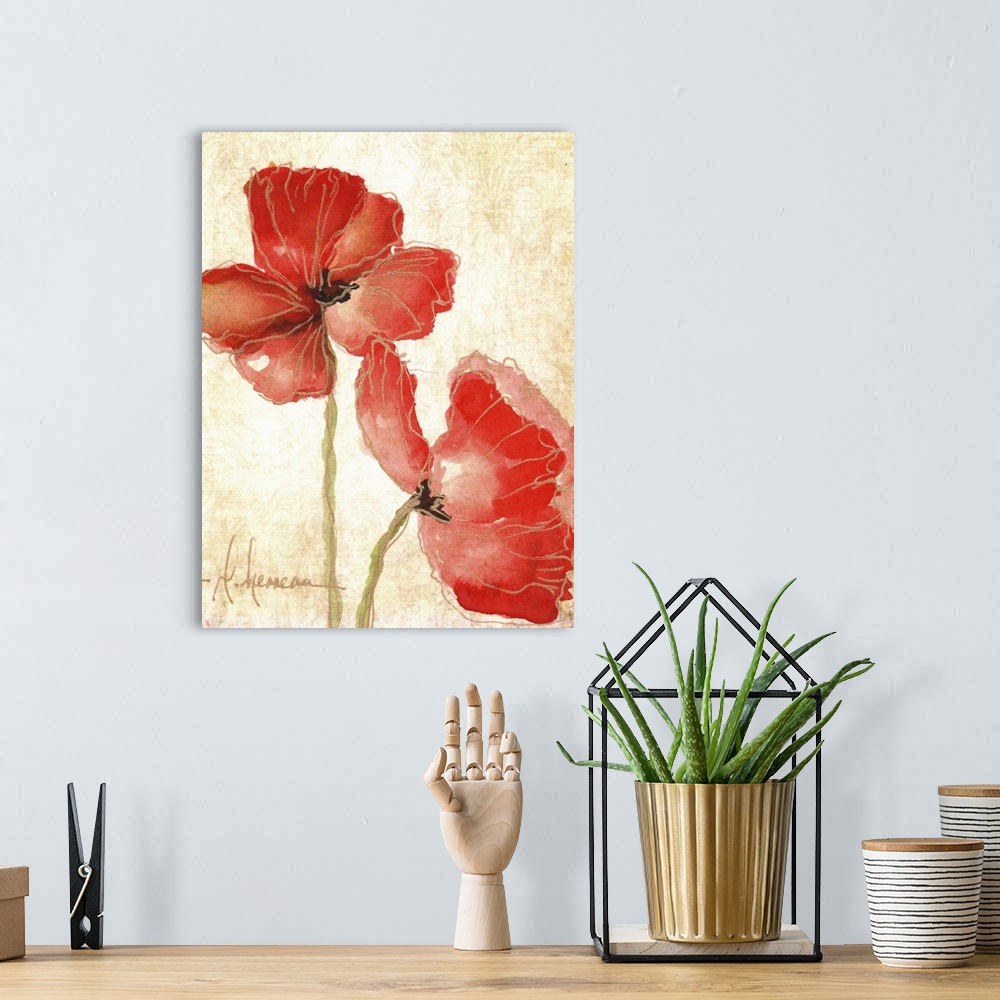 A bohemian room featuring Contemporary painting of bright red poppies against a beige background.