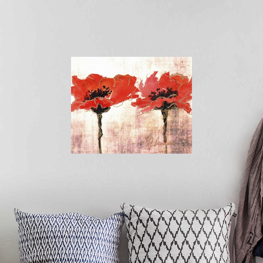 A bohemian room featuring Contemporary painting of bright red poppies against a beige background.