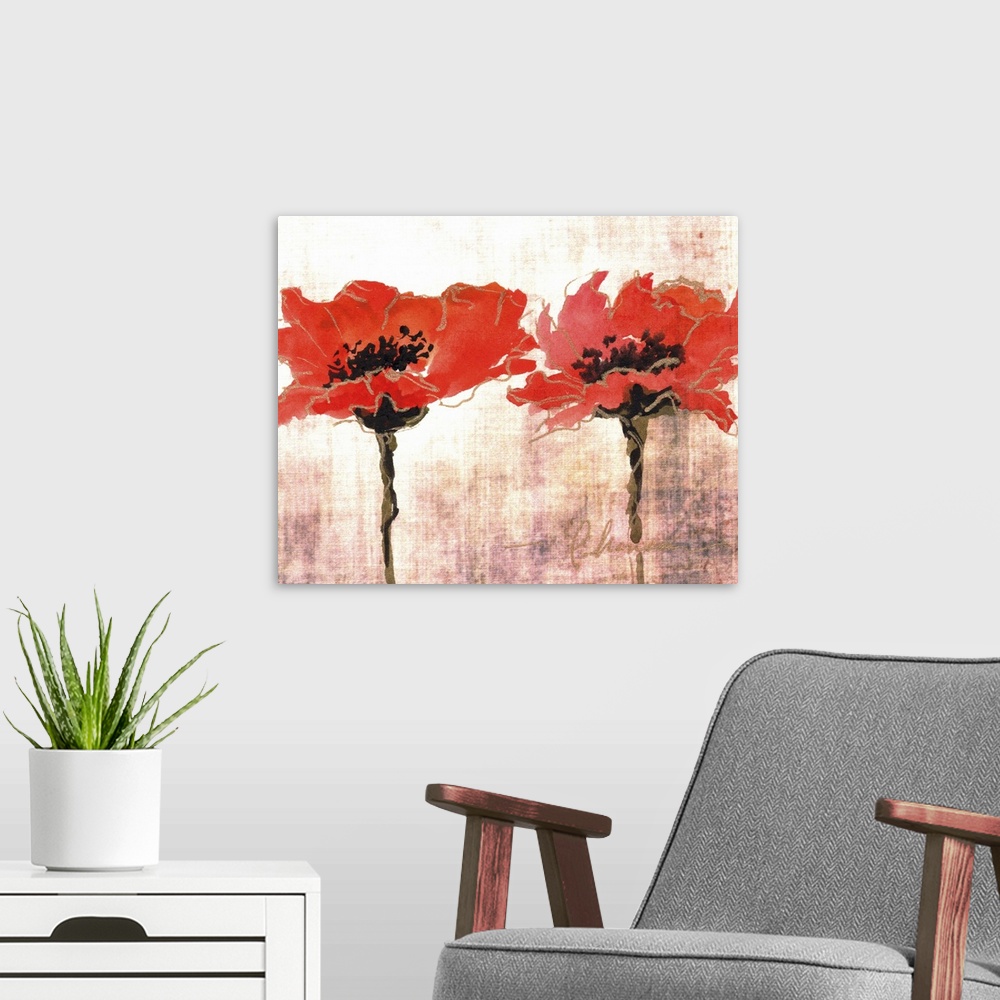 A modern room featuring Contemporary painting of bright red poppies against a beige background.
