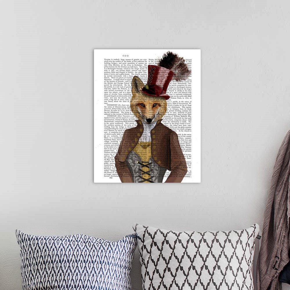 A bohemian room featuring Portrait of a fox dressed in Victorian clothes painted over a vintage dictionary page.
