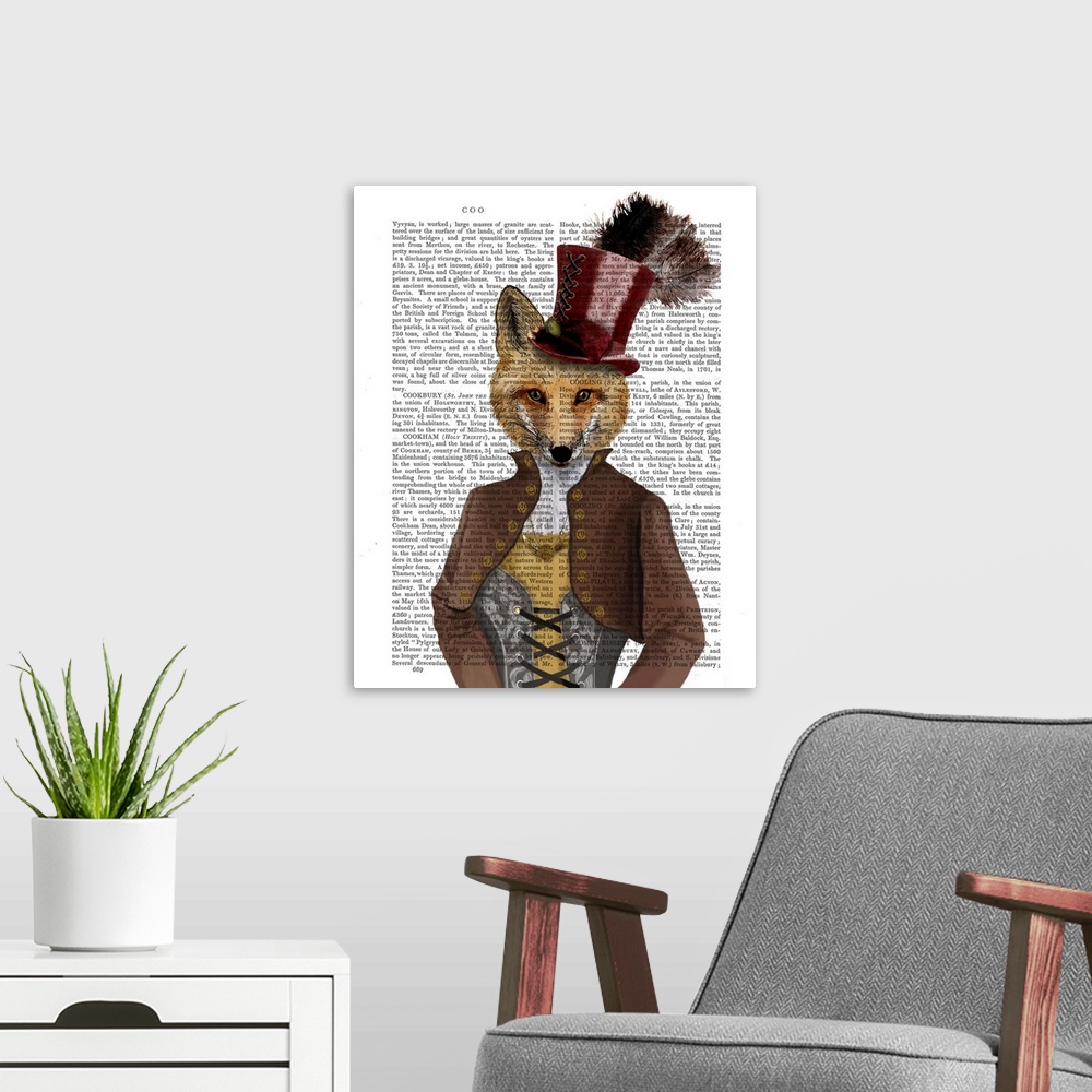A modern room featuring Portrait of a fox dressed in Victorian clothes painted over a vintage dictionary page.