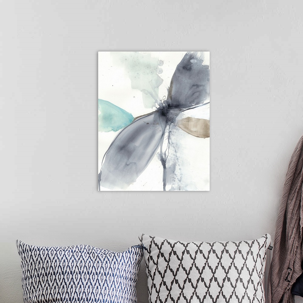 A bohemian room featuring This abstract artwork features soft colors and gestural lines spiraling in space to resemble a vo...
