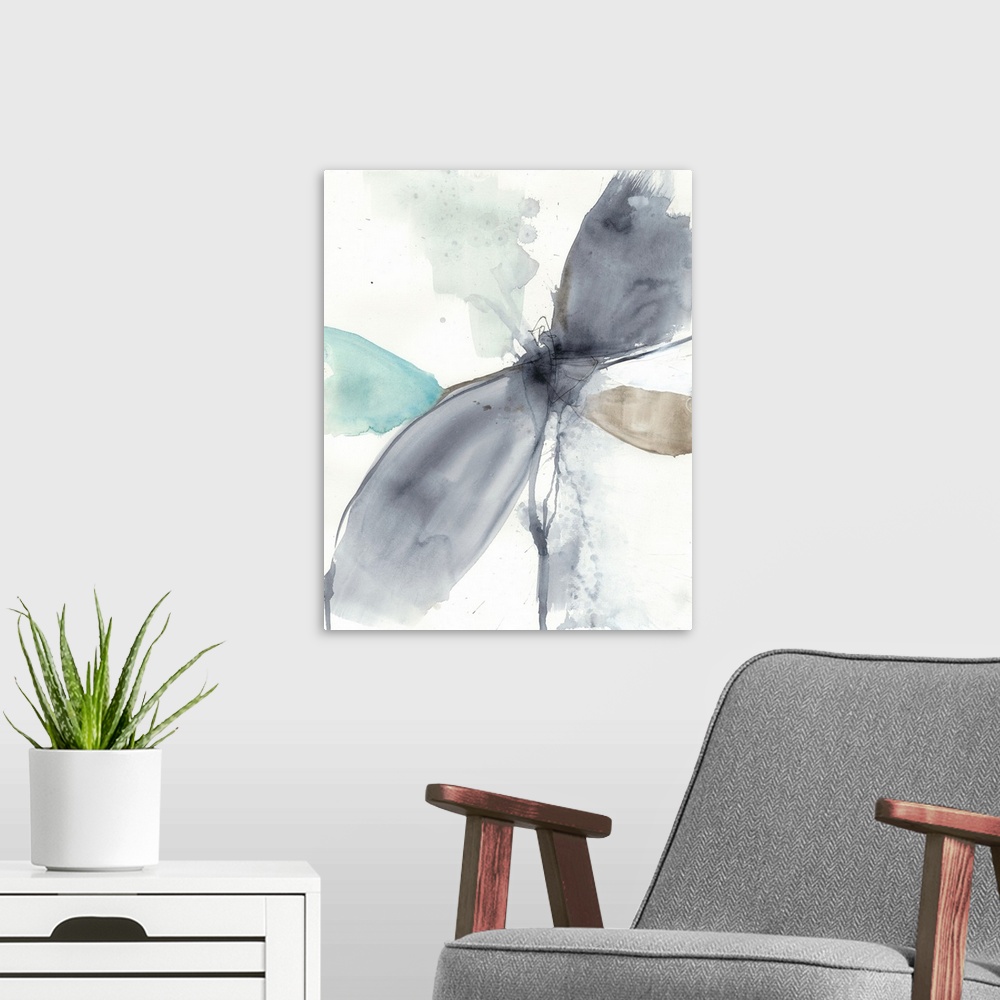 A modern room featuring This abstract artwork features soft colors and gestural lines spiraling in space to resemble a vo...