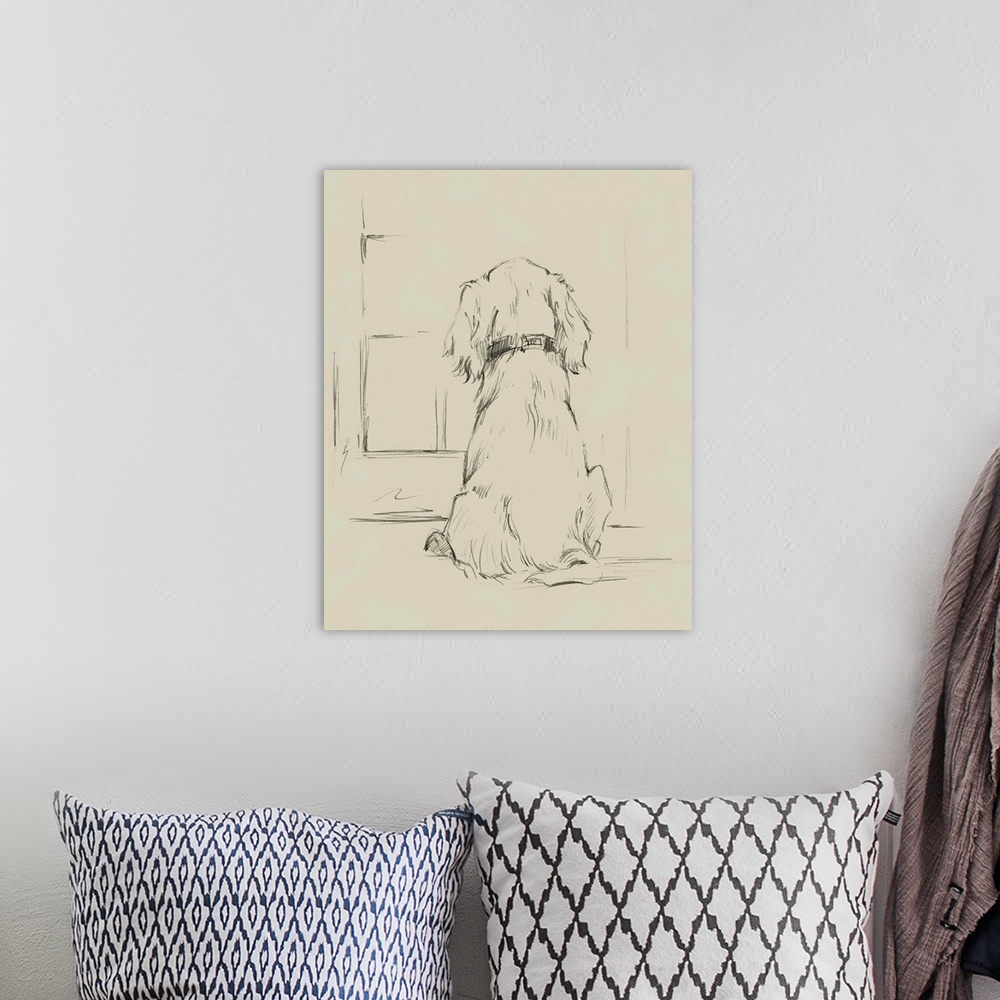 A bohemian room featuring Sketch of a Cocker Spaniel waiting at a window for its owner to come home.