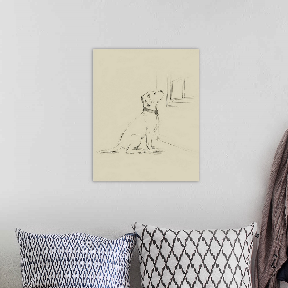 A bohemian room featuring Sketch of a labrador retriever waiting at a window for its owner to come home.