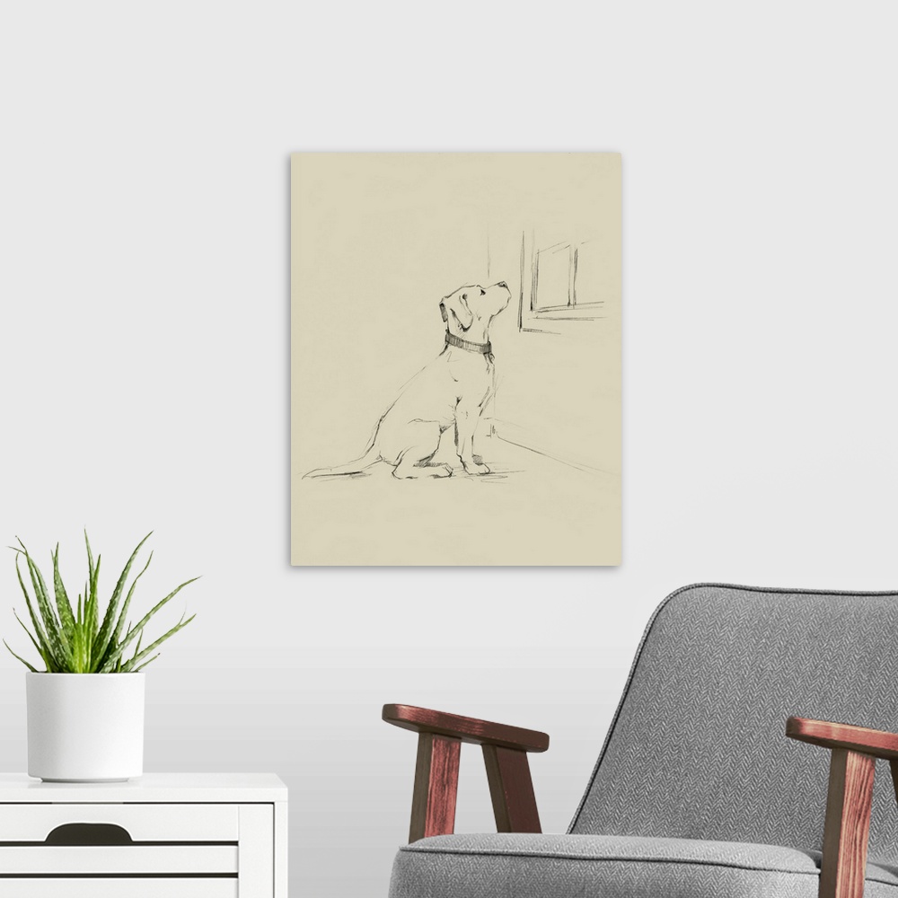 A modern room featuring Sketch of a labrador retriever waiting at a window for its owner to come home.