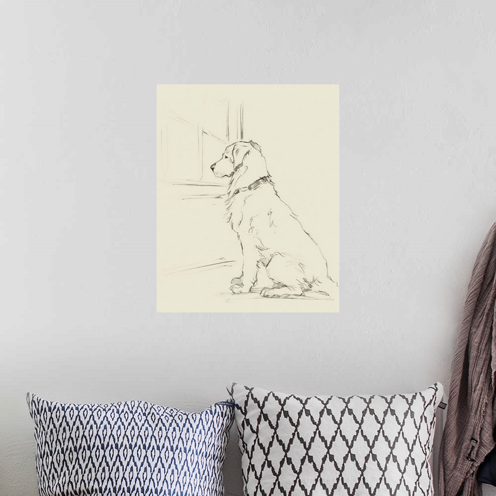 A bohemian room featuring Sketch of a golden retriever waiting at a window for its owner to come home.
