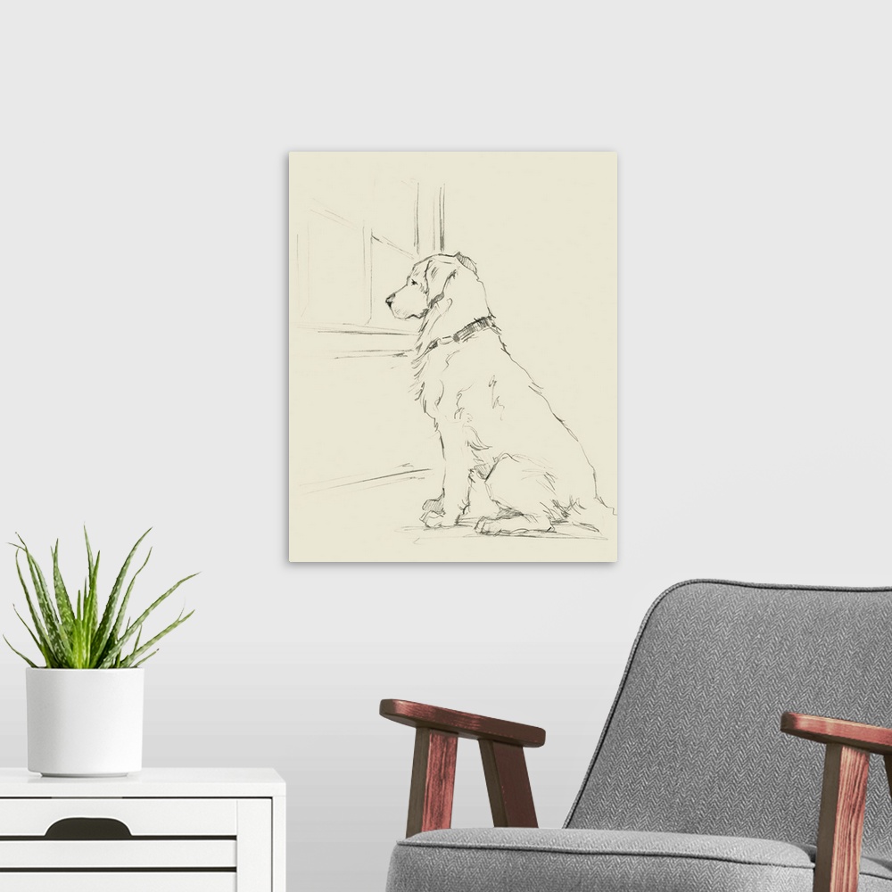 A modern room featuring Sketch of a golden retriever waiting at a window for its owner to come home.