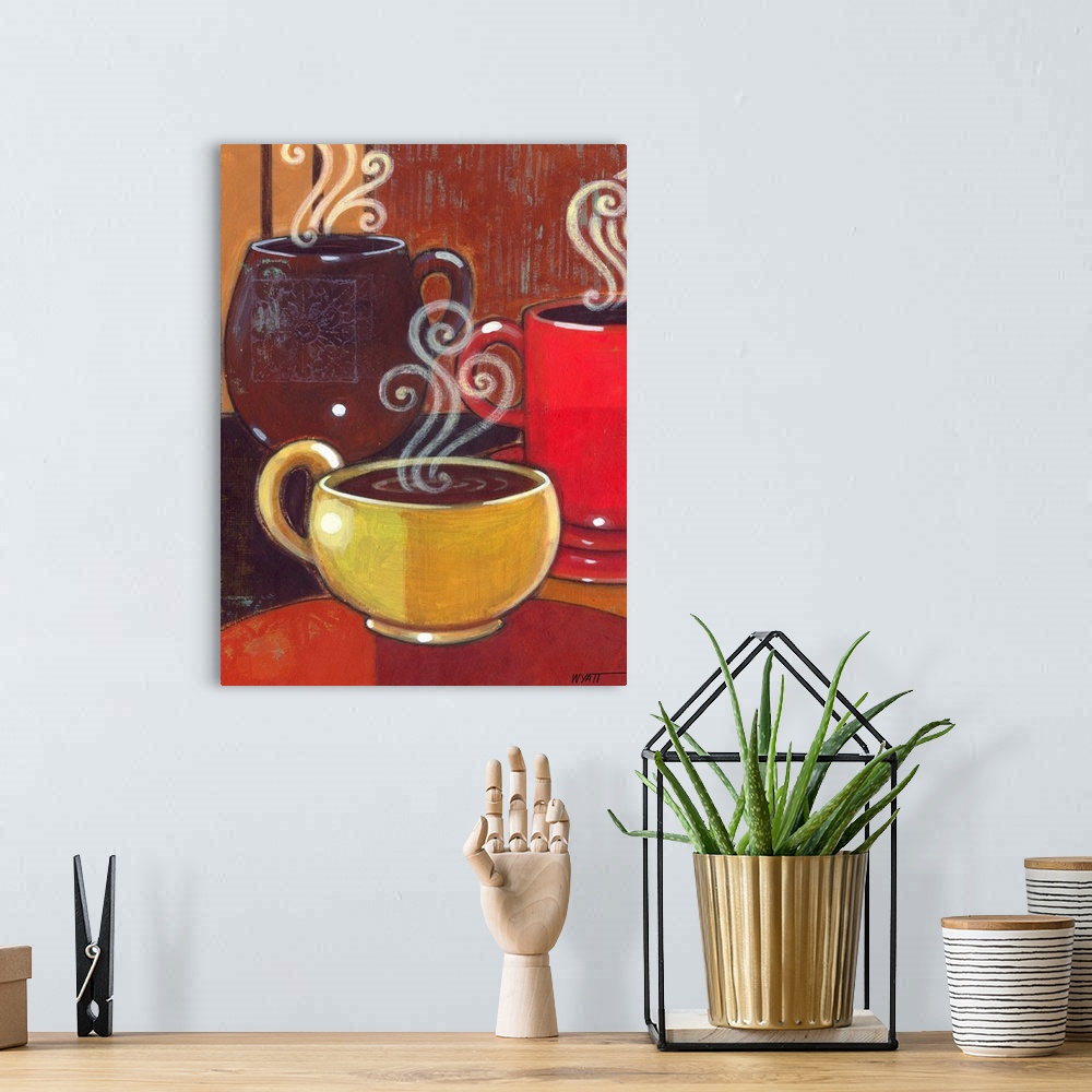 A bohemian room featuring Contemporary painting of mugs of coffee in warm tones with swirls of steam.
