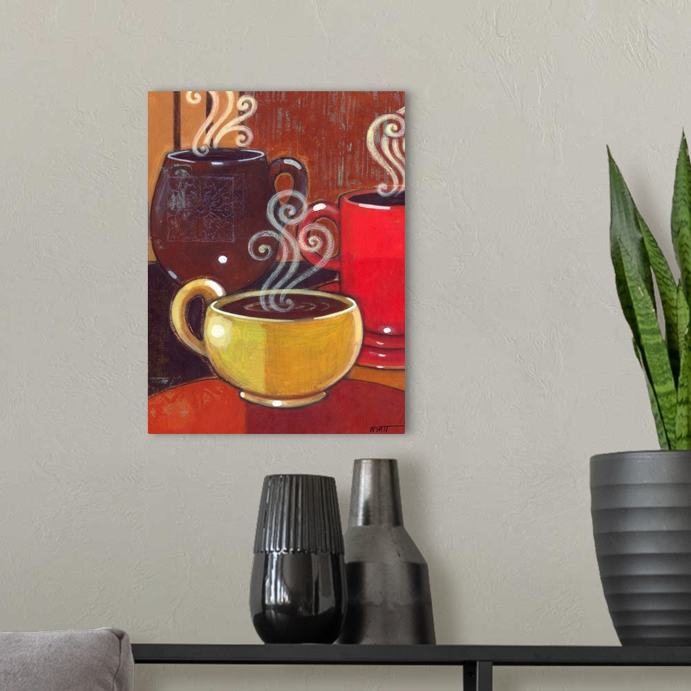 A modern room featuring Contemporary painting of mugs of coffee in warm tones with swirls of steam.